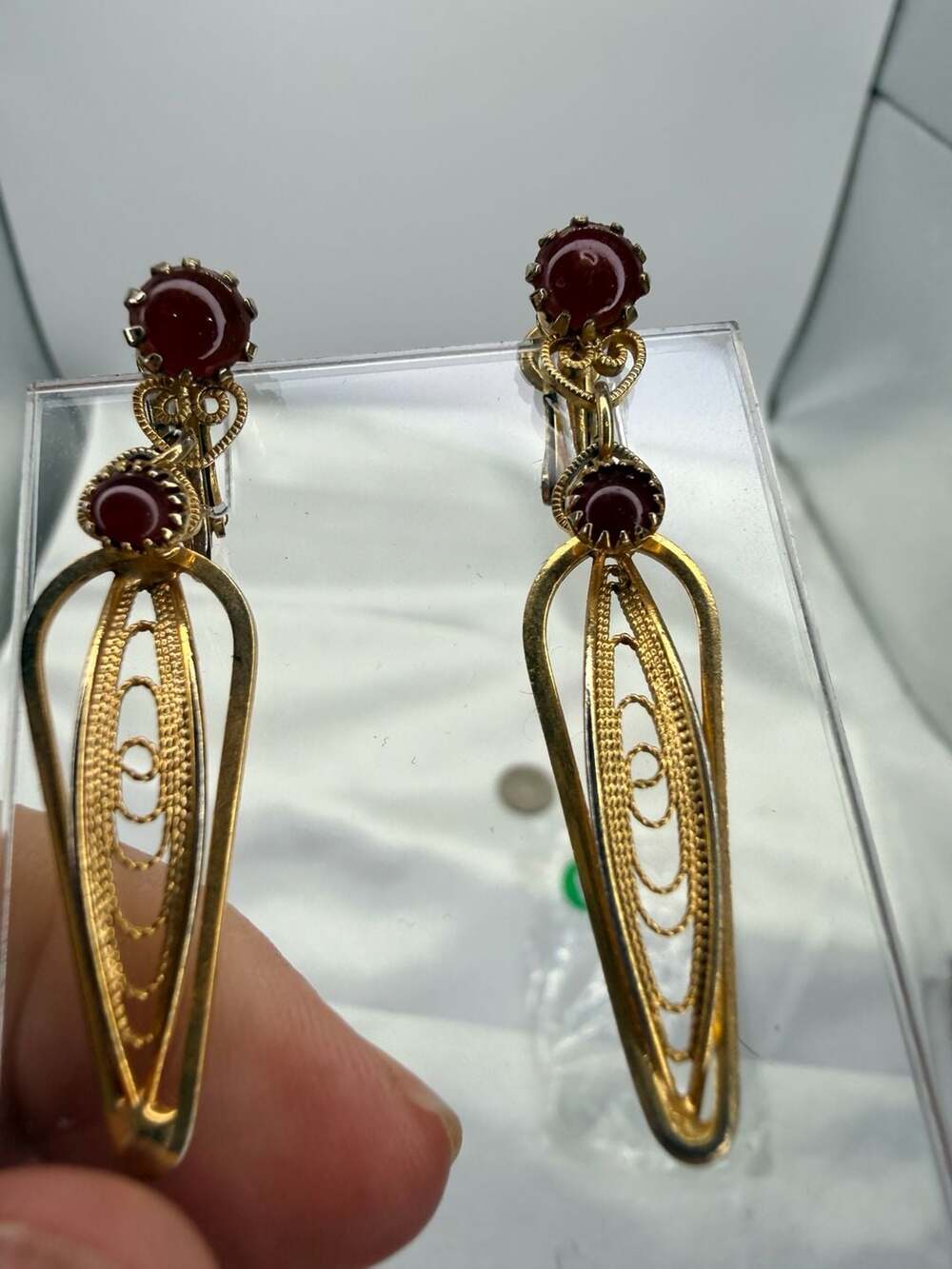 Hobe Vintage Gold Tone Red Stone Filigree Dangle Earrings